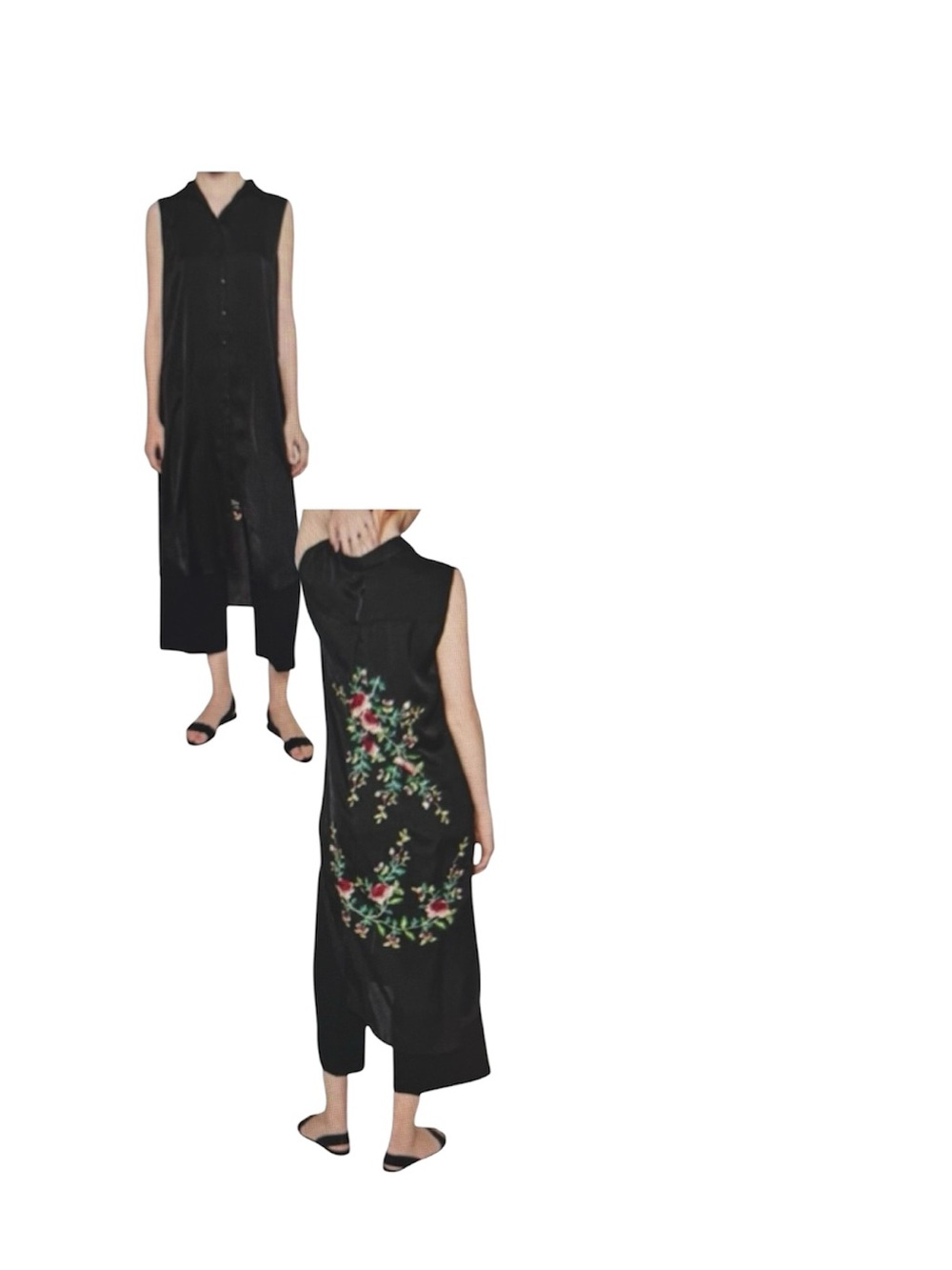 Zara Floral Embroidery Back Black Sleeveless Tunic Shirt Dress Sz S